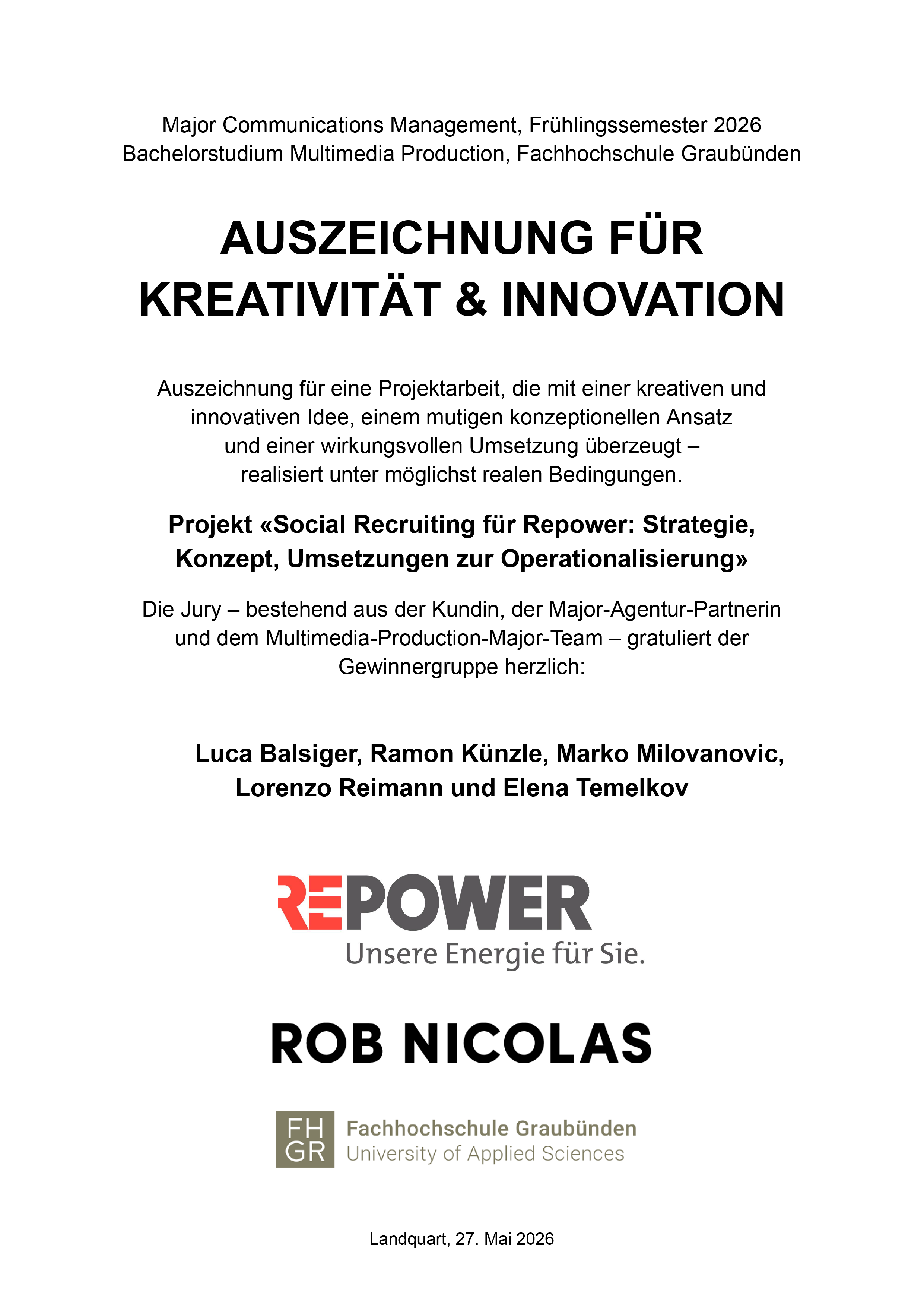 Auszeichnung für Kreativität und Innovation für das Repower-Projekt